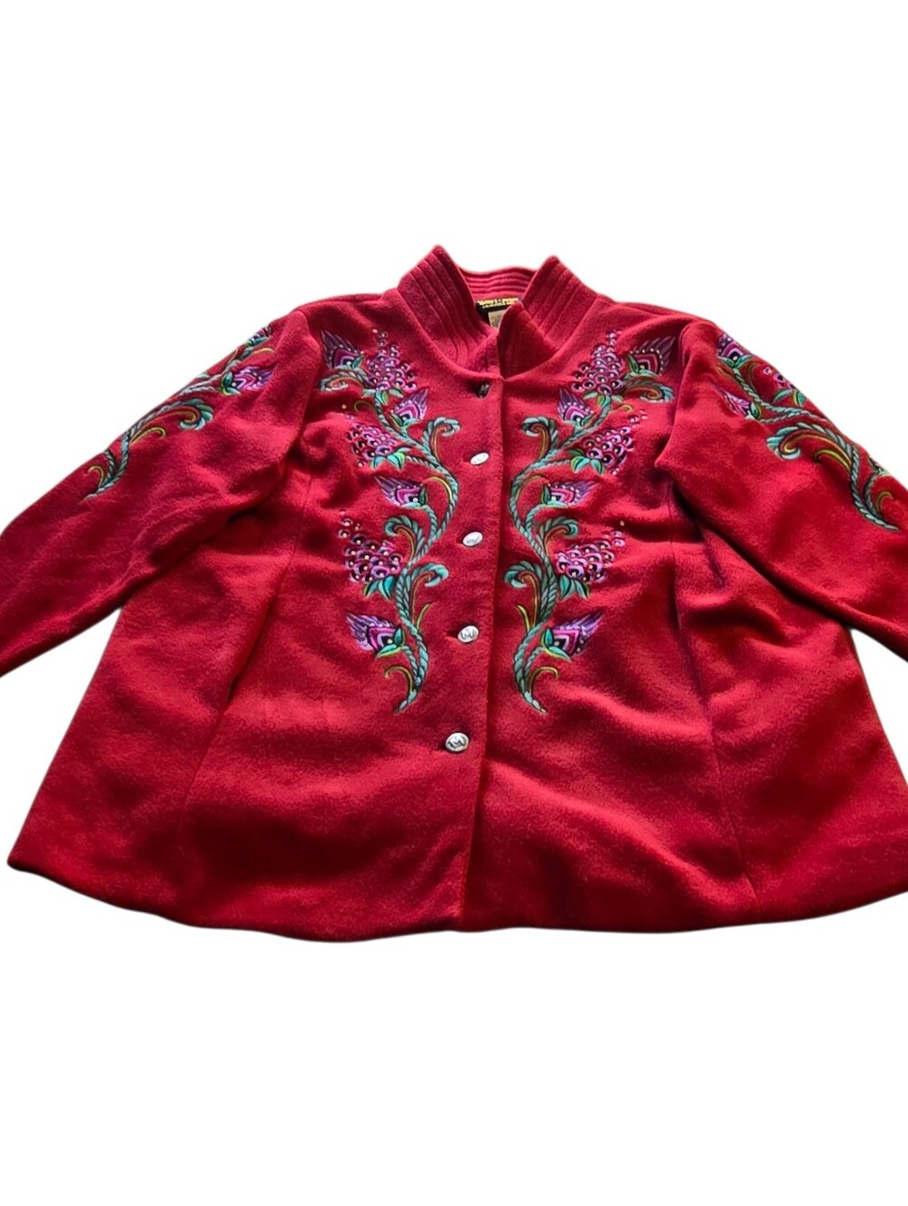 Bob Mackie Wearable Art Fleece Embroidered Floral Button Up Maroon Jacket 1X